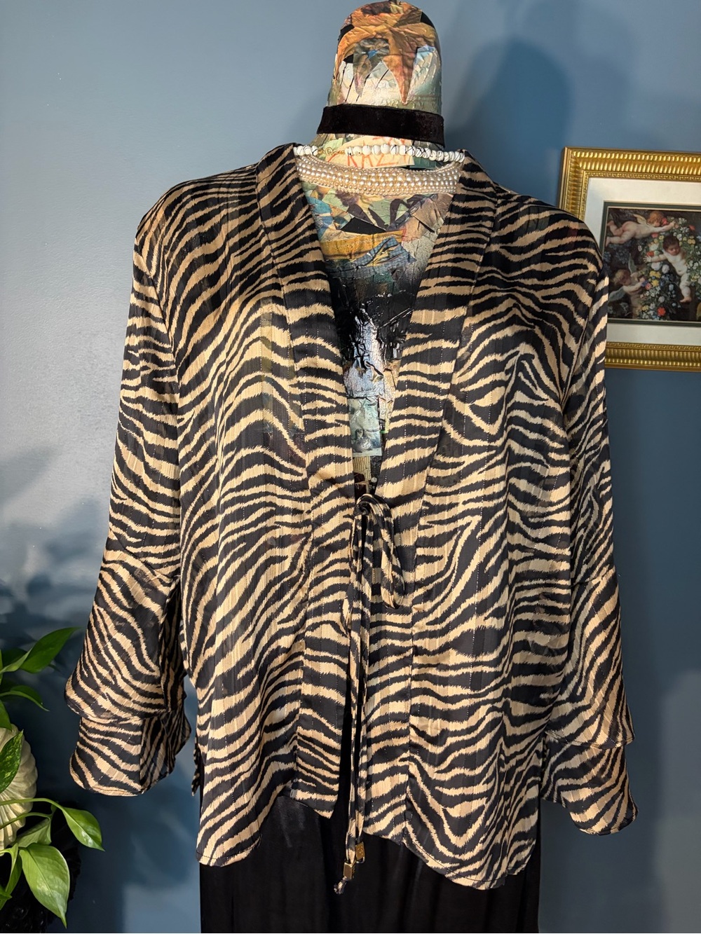Veronica M zebra print black brown semi sheer tie front blouse kimono top